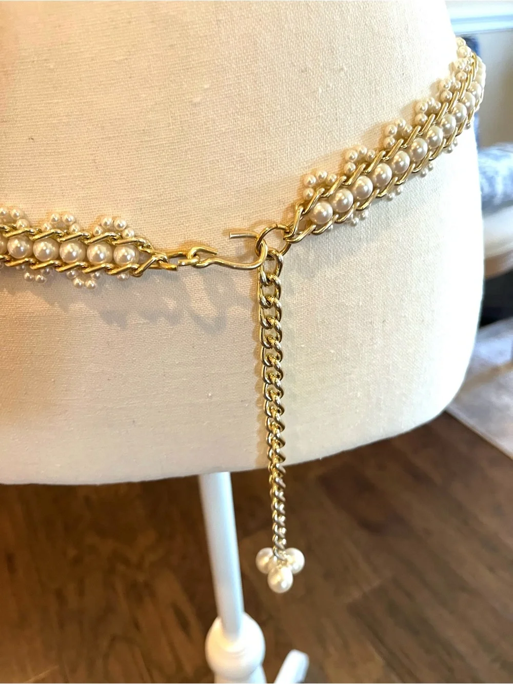 Gold Chain Link Belt with Pearl Accents Hong Kong Vintage